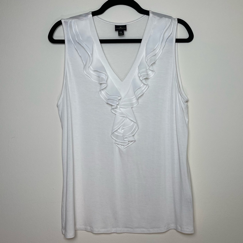 Worthington | Petite White V-Neck Ruffle Front Sleeveless Top | PXL